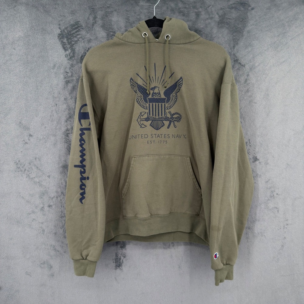 Champion Sweatshirt Mens Size M US Navy Military Graphic Pullover Green Hoodie